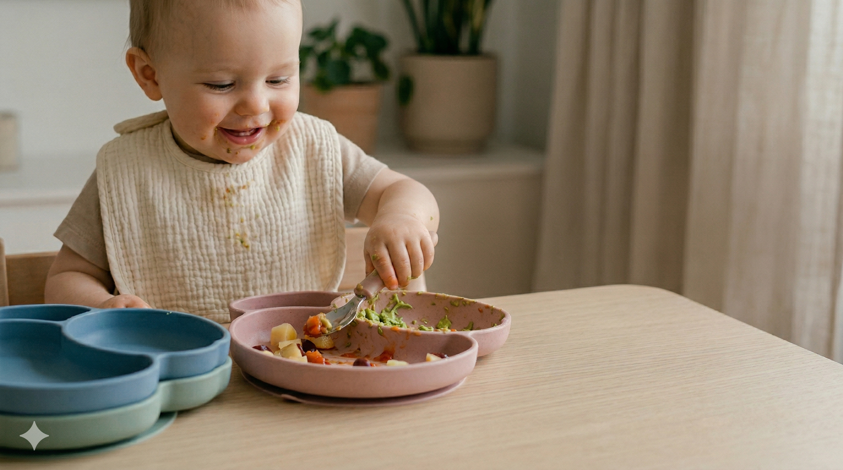 Child eating from liore animal shaped plate - Luxury BPA freesilicone weaning set for toddlers on a modern oak dinning table